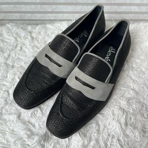Élevée Mens Moccasin Shoes black woven raffia, gray suede, size EU 40/US 7